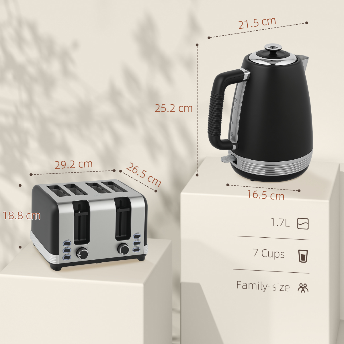 HOMCOM 1.7L 3000W Quick Boil Kettle & 4-Slice Toaster Set – Matching Breakfast Duo, Black