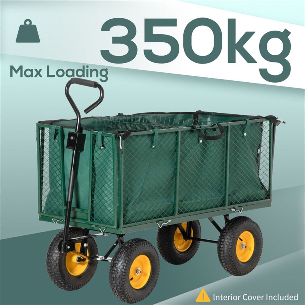 Garden Cart with Drop-Down Sides, 342L Removable Liner & Pneumatic Tyres – 350kg Steel Mesh Trolley, Dark Green