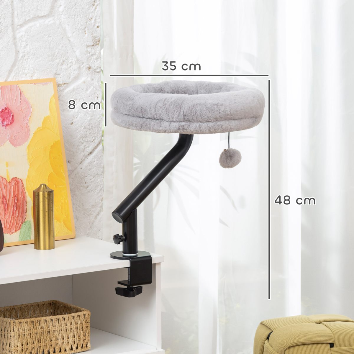 PawHut Cat Bed for Desk with 360° Rotation, Adjustable Clamp-On Cat Hammock Nest & Teaser Ball, Grey