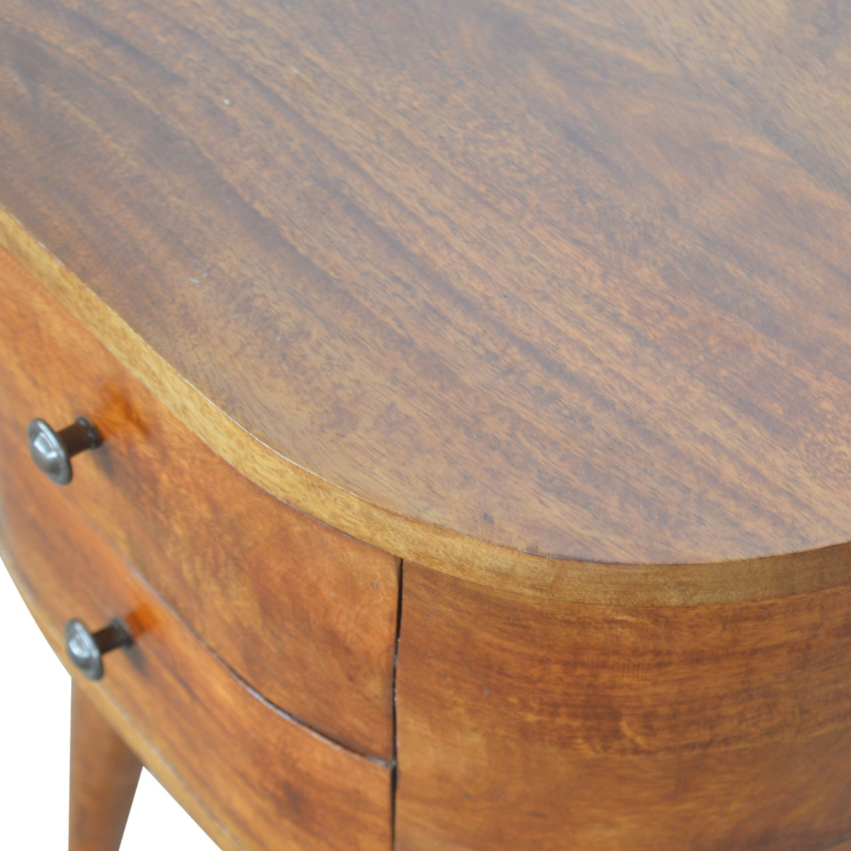 Artisan Furniture Chestnut Rounded Bedside Table with 2 Mini Drawers – Solid Mango Wood, Dark Brown