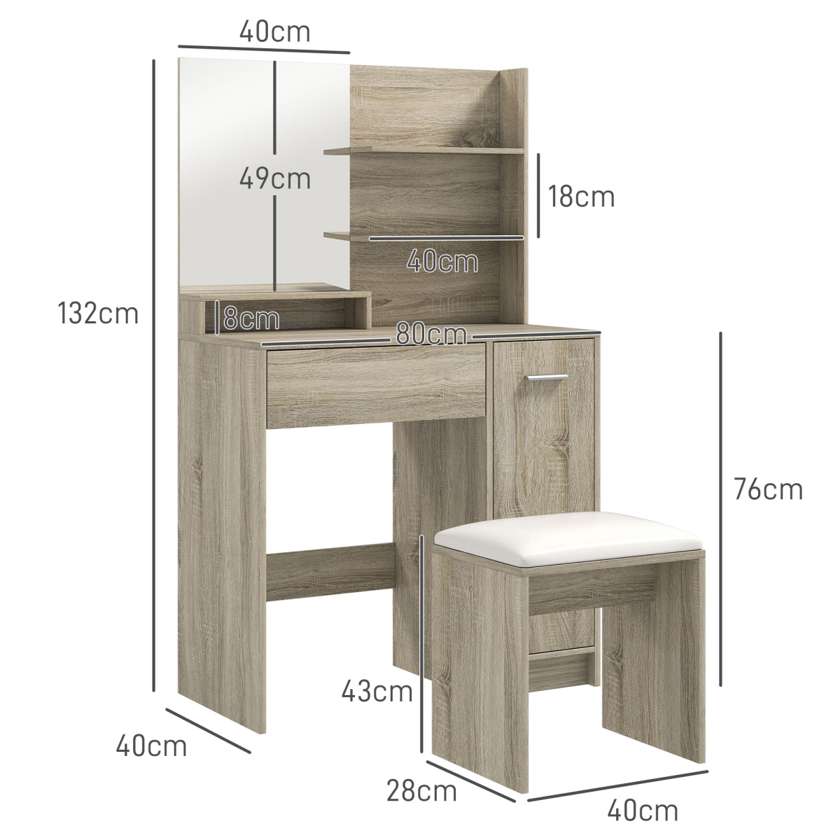 HOMCOM Dressing Table with Mirror, Padded Stool, Drawer & Cupboard – Makeup Vanity Storage