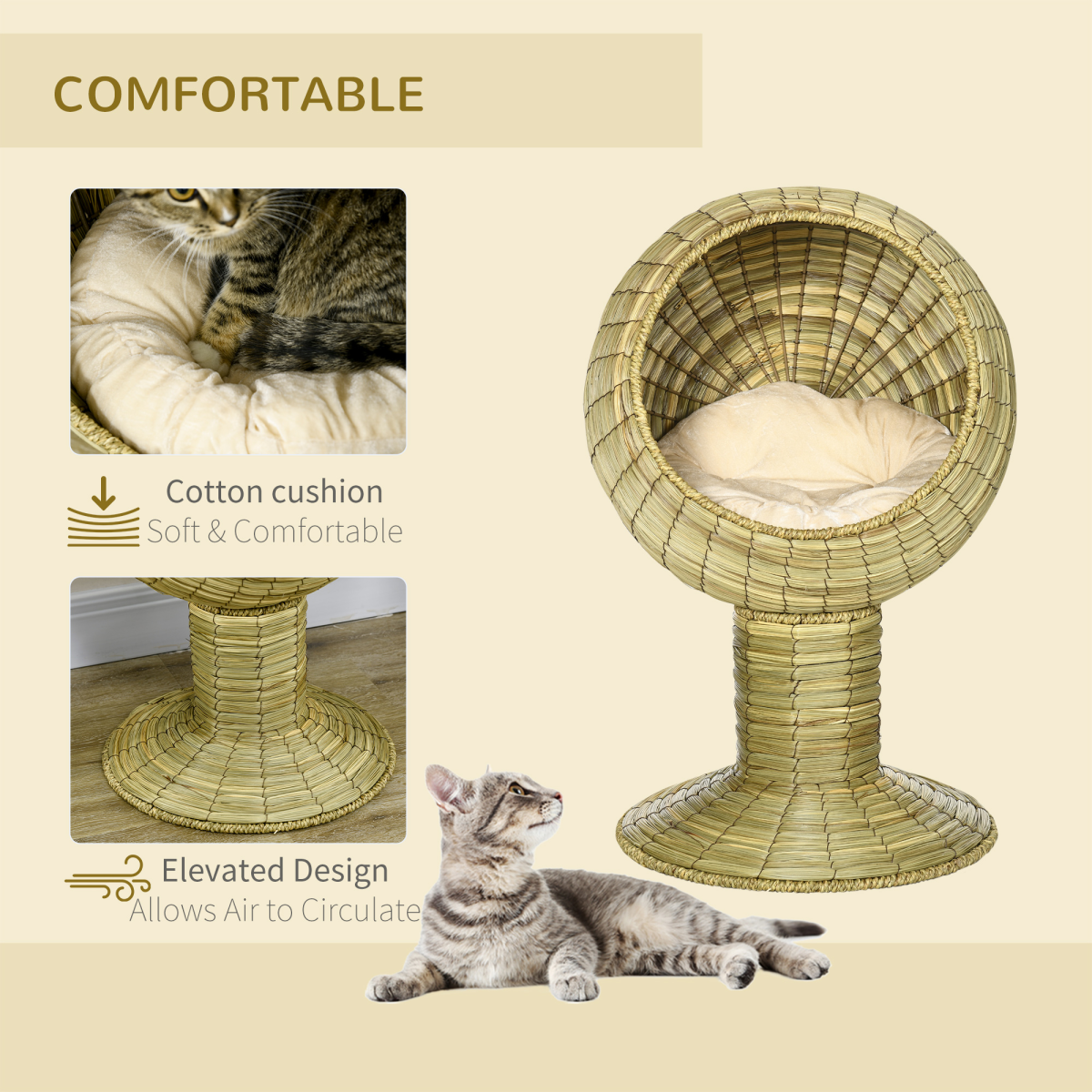 PawHut Raised Cat House with Natural Mat Grass Basket, Cushion and Stand – Detachable Cat Bed, 41 x 69 cm