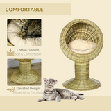 PawHut Raised Cat House with Natural Mat Grass Basket, Cushion and Stand – Detachable Cat Bed, 41 x 69 cm
