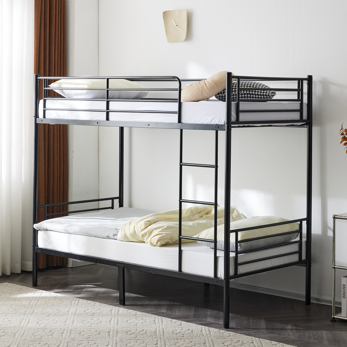 Heavy Duty Metal Single Bunk Bed with Ladder & Guard Rail – Space-Saving Frame, Black