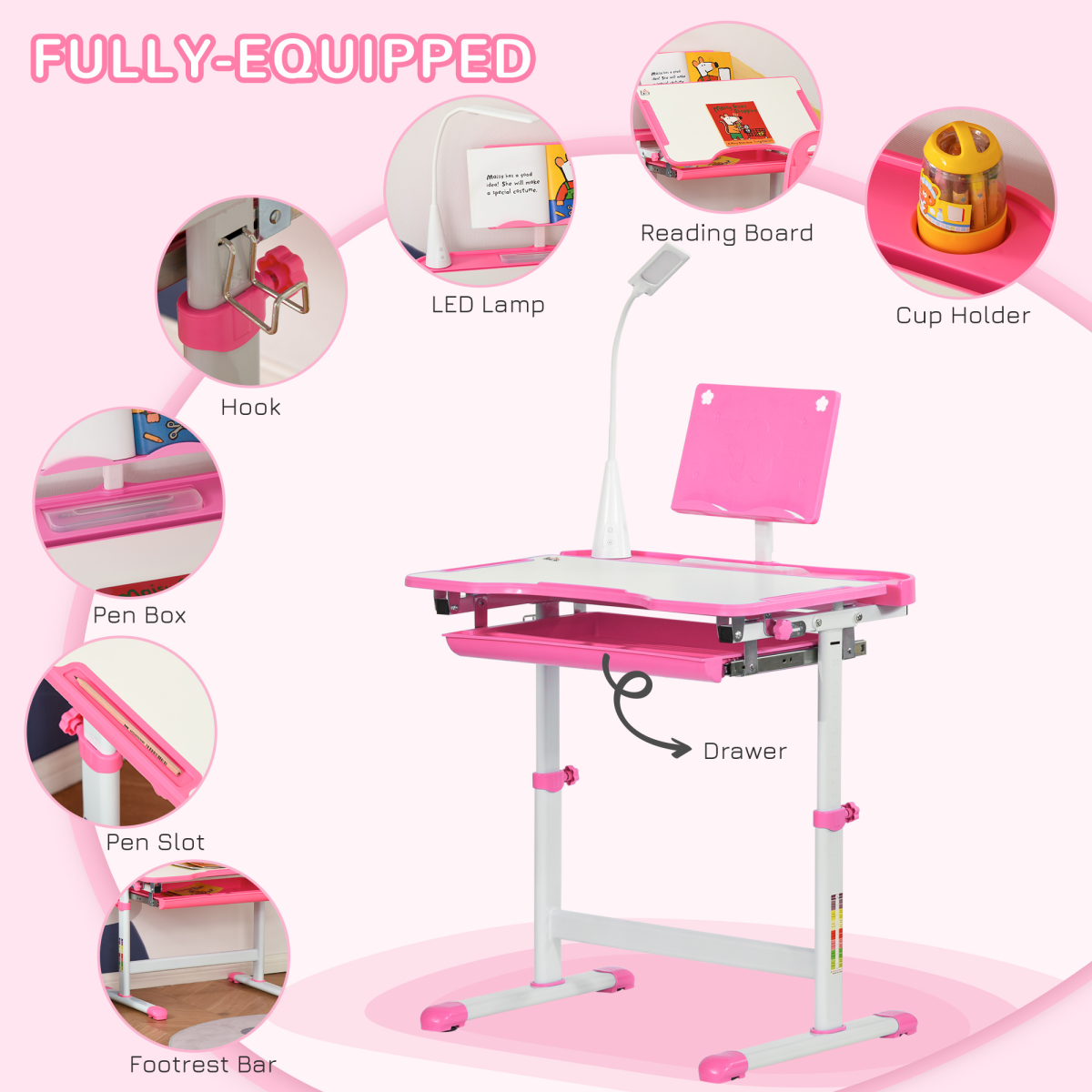 HOMCOM Kids Study Desk and Chair Set with Height Adjustment, Storage Drawer & USB Lamp – Pink