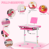 HOMCOM Kids Study Desk and Chair Set with Height Adjustment, Storage Drawer & USB Lamp – Pink