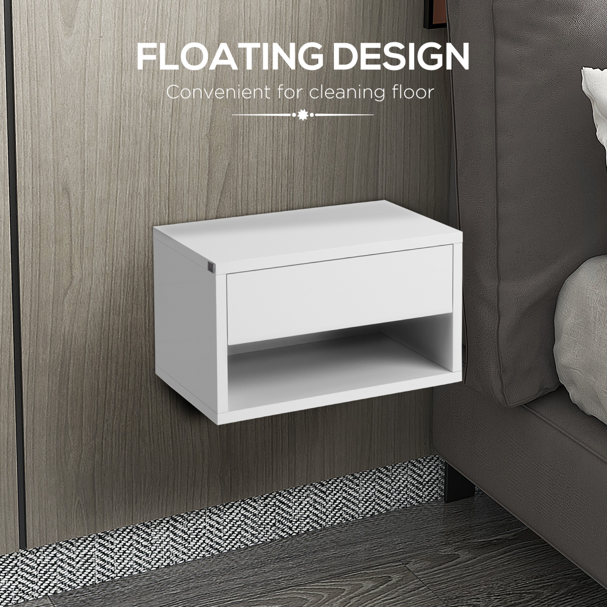 HOMCOM Floating Bedside Tables Set of 2 with Drawers & Shelves – Wall-Mounted Nightstands, White