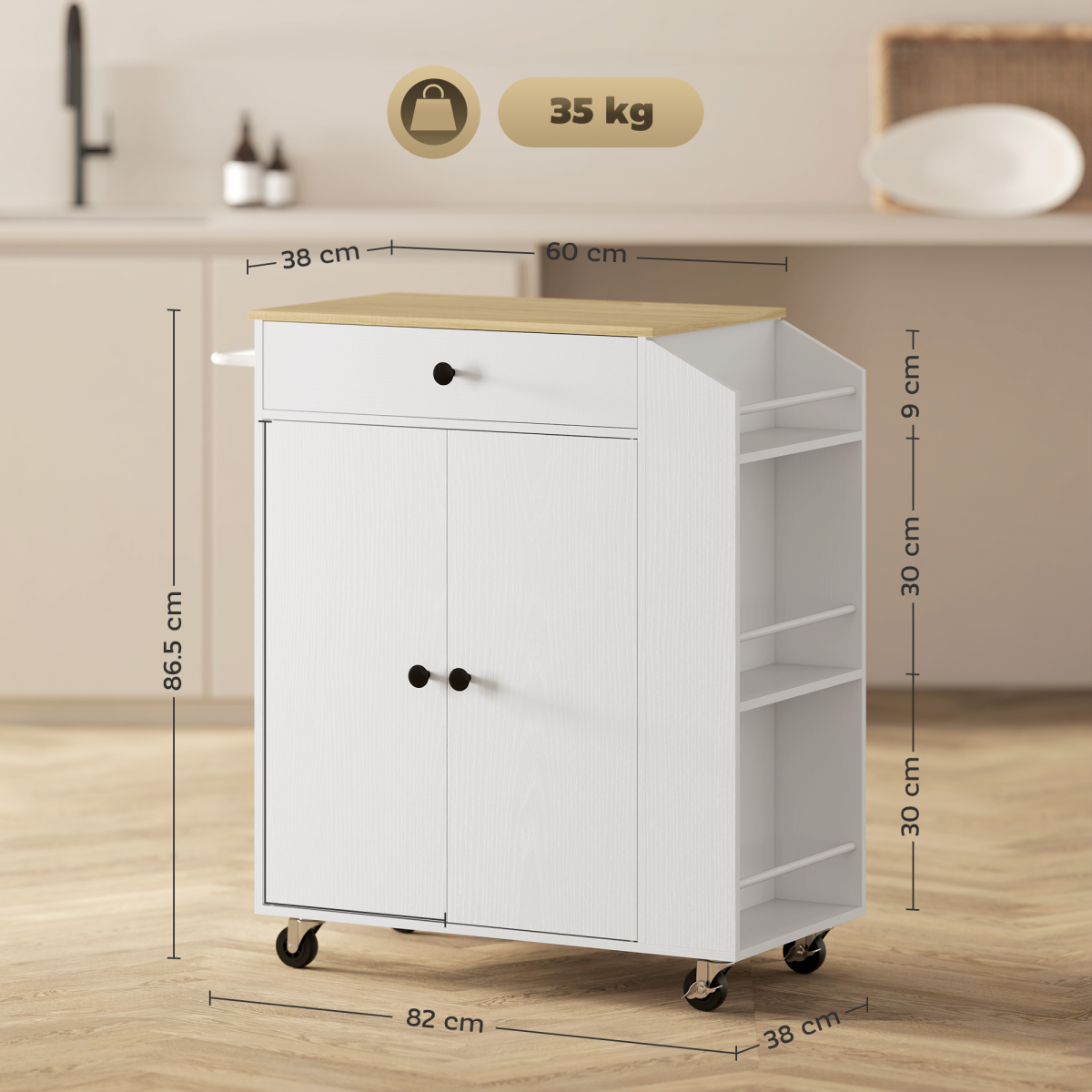 HOMCOM Kitchen Island with 3-Tier Spice Rack, Drawer, Cabinet and Towel Rack – Mobile Kitchen Cart on Wheels, White Oak