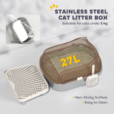 Cat Litter Box with High Sides, Stainless Steel Tray & Scoop – Anti-Splash Litter Tray, Charcoal Grey