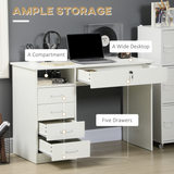 Computer Writing Desk with 5 Drawers & Lockable Drawer – White Home Office Desk with Open Shelf