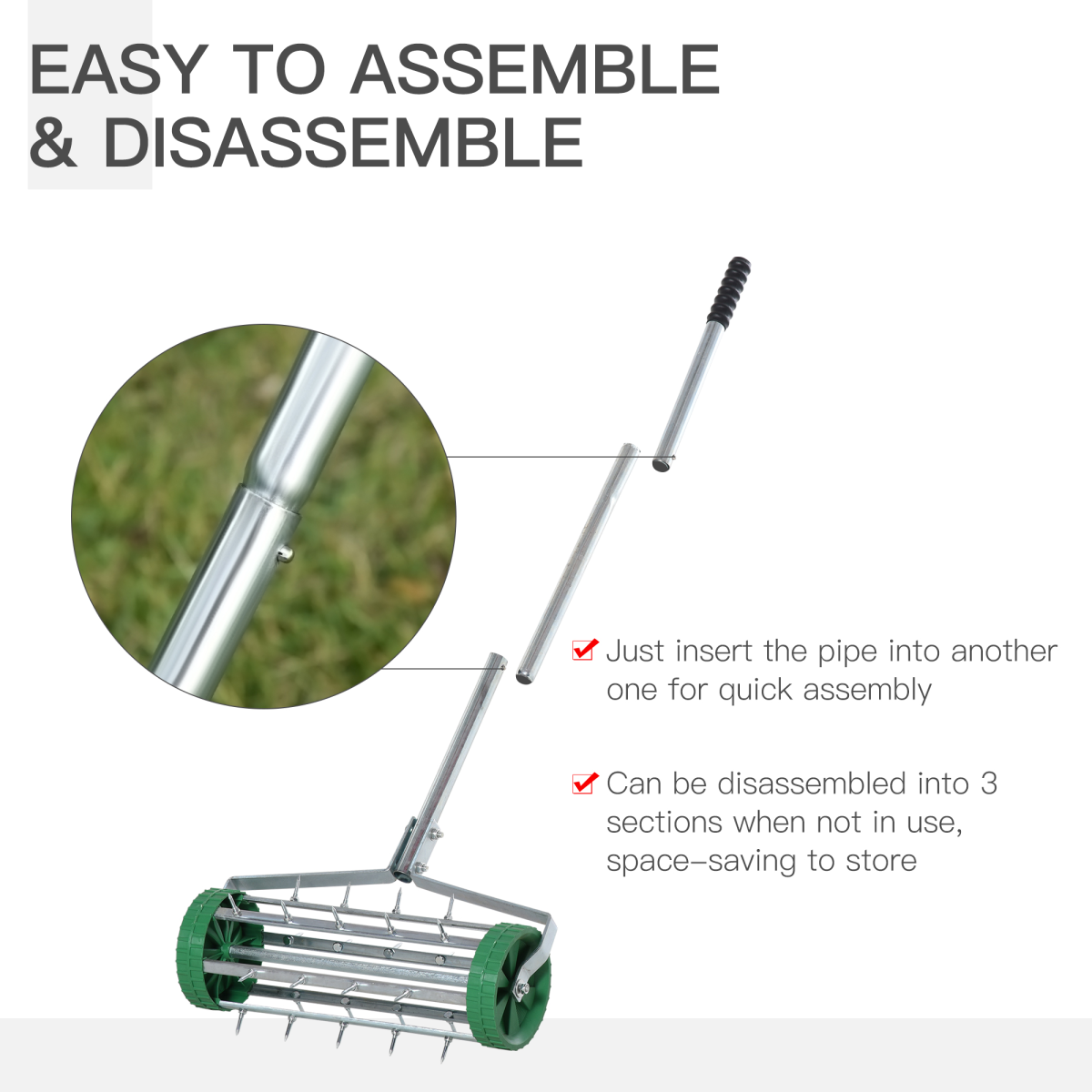 Outsunny Lawn Aerator Roller with Adjustable Handle – Galvanised Steel Spiked Garden Roller, Green/Silver