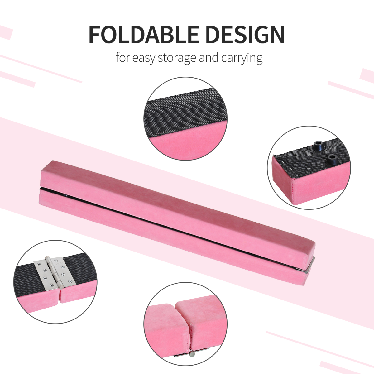 HOMCOM Foldable Gymnastics Balance Beam Trainer, 2.4m Suede Beam with 10cm Wide Top – Home Practice, Pink