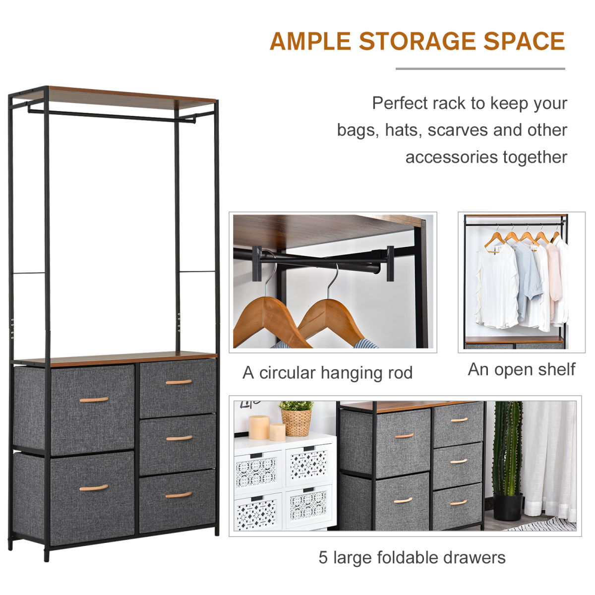 HOMCOM 175 x 83cm Freestanding Coat Rack with Steel Frame, Hanging Rail and Drawers – Black/Brown