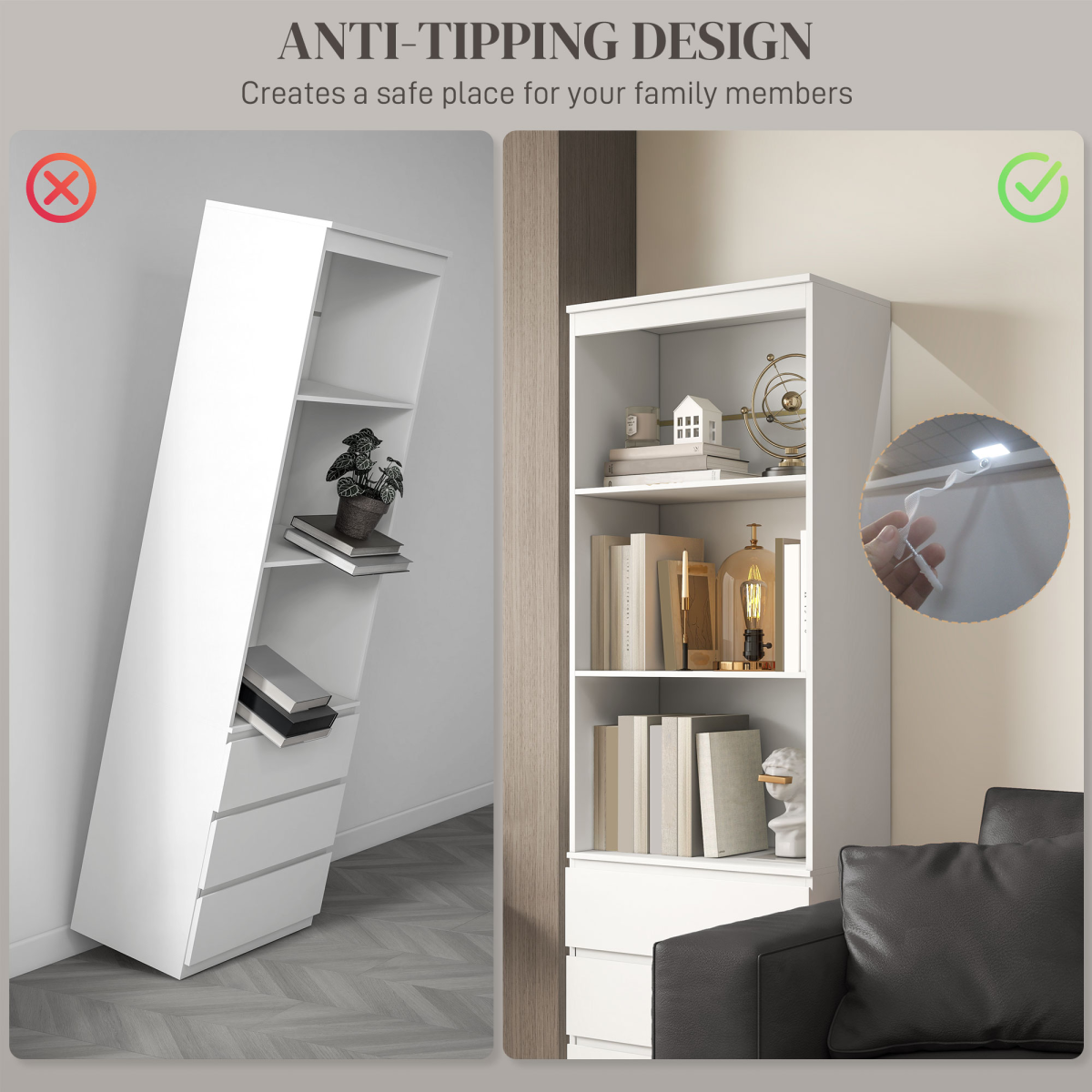 HOMCOM 180cm Tall Bookshelf Storage Unit with 3 Drawers & Open Shelves – Living Room Bookcase, White