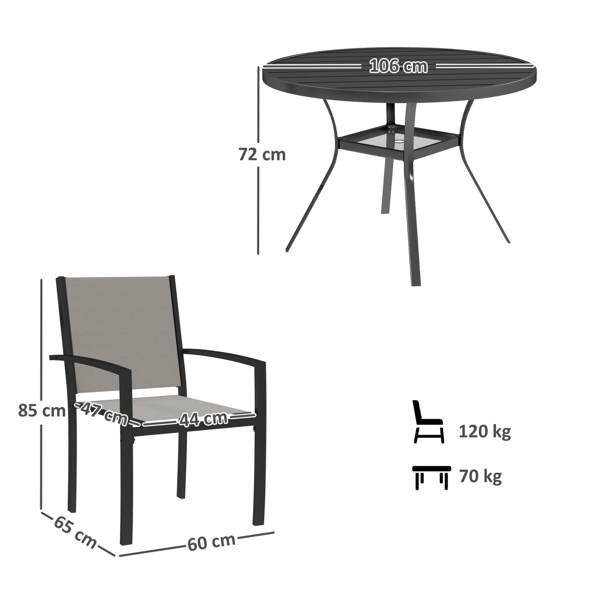 Outsunny 5-Piece Garden Dining Set with Round Table & 4 Stackable Chairs – Patio Furniture, Dark Grey