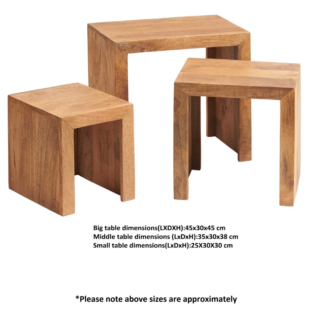 Toko Light Mango Wood Nest of 3 Tables – Solid Mango Wood Side Tables, Light Natural Finish