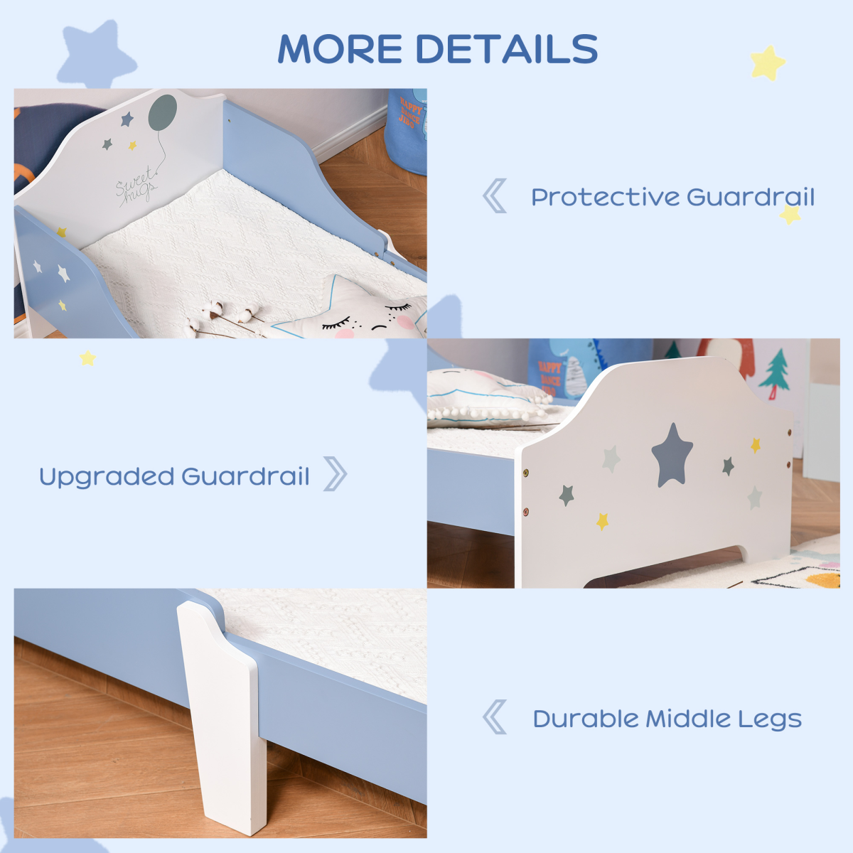 HOMCOM Kids Star & Balloon Toddler Bed with Guardrails & Slats – Blue and White, Ages 3-6