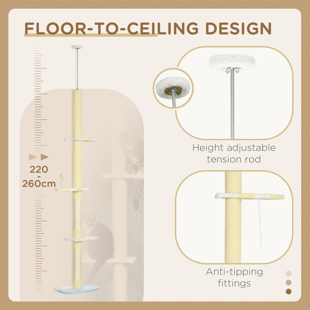 260cm Adjustable Floor-to-Ceiling Cat Tree with Jute Scratching Post and Plush Perches – Tall Cat Tower, Yellow