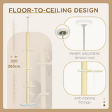 260cm Adjustable Floor-to-Ceiling Cat Tree with Jute Scratching Post and Plush Perches – Tall Cat Tower, Yellow
