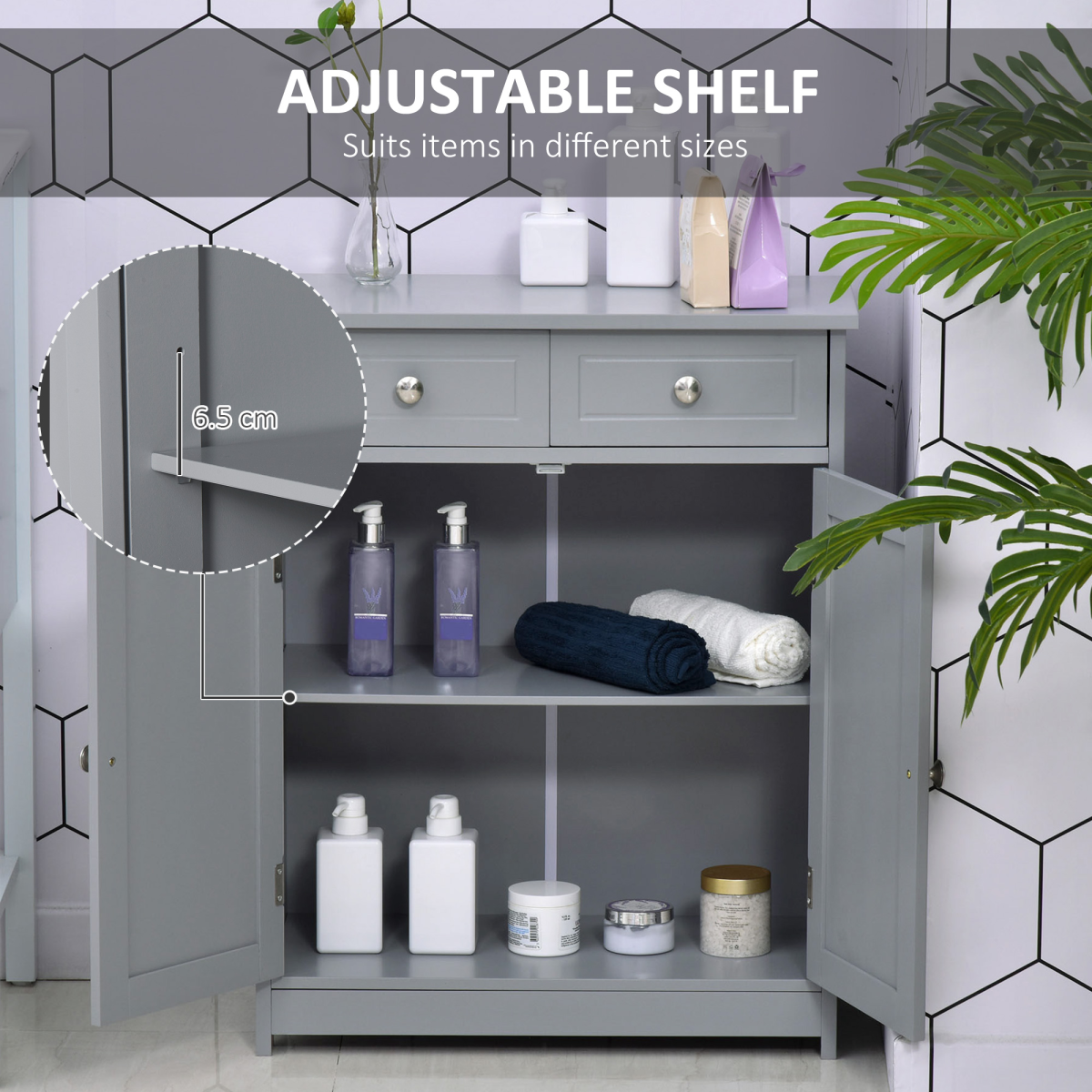 kleankin Bathroom Floor Storage Cabinet with 2 Drawers & Cupboard – Grey Freestanding Bathroom Storage