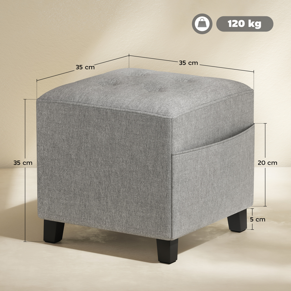 HOMCOM Small Square Ottoman Footstool with Padded Seat & Side Pocket – Footrest, Extra Seating, Light Grey