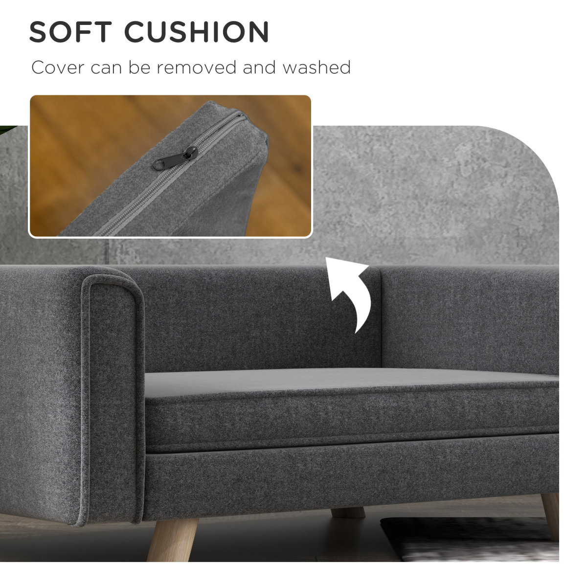 PawHut Elevated Dog Sofa Bed with Washable Cushion & Wooden Legs – Grey, Small & Medium Dogs