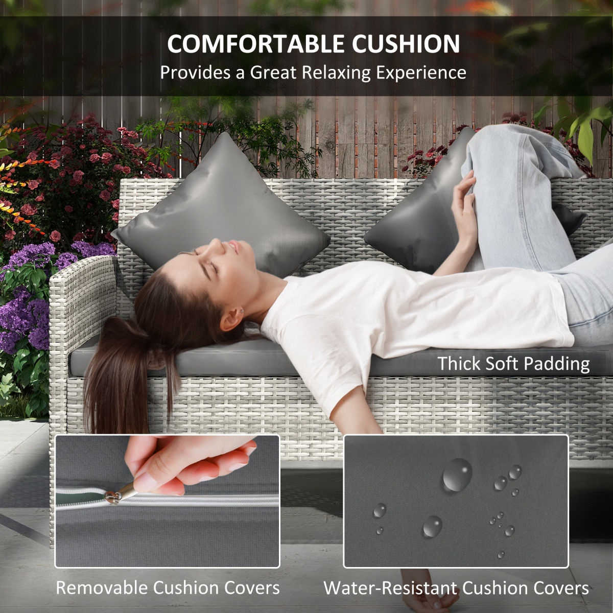 Outsunny 5-Piece Rattan Corner Sofa Dining Set with Glass Table and Footstools – Garden Furniture, Dark Grey