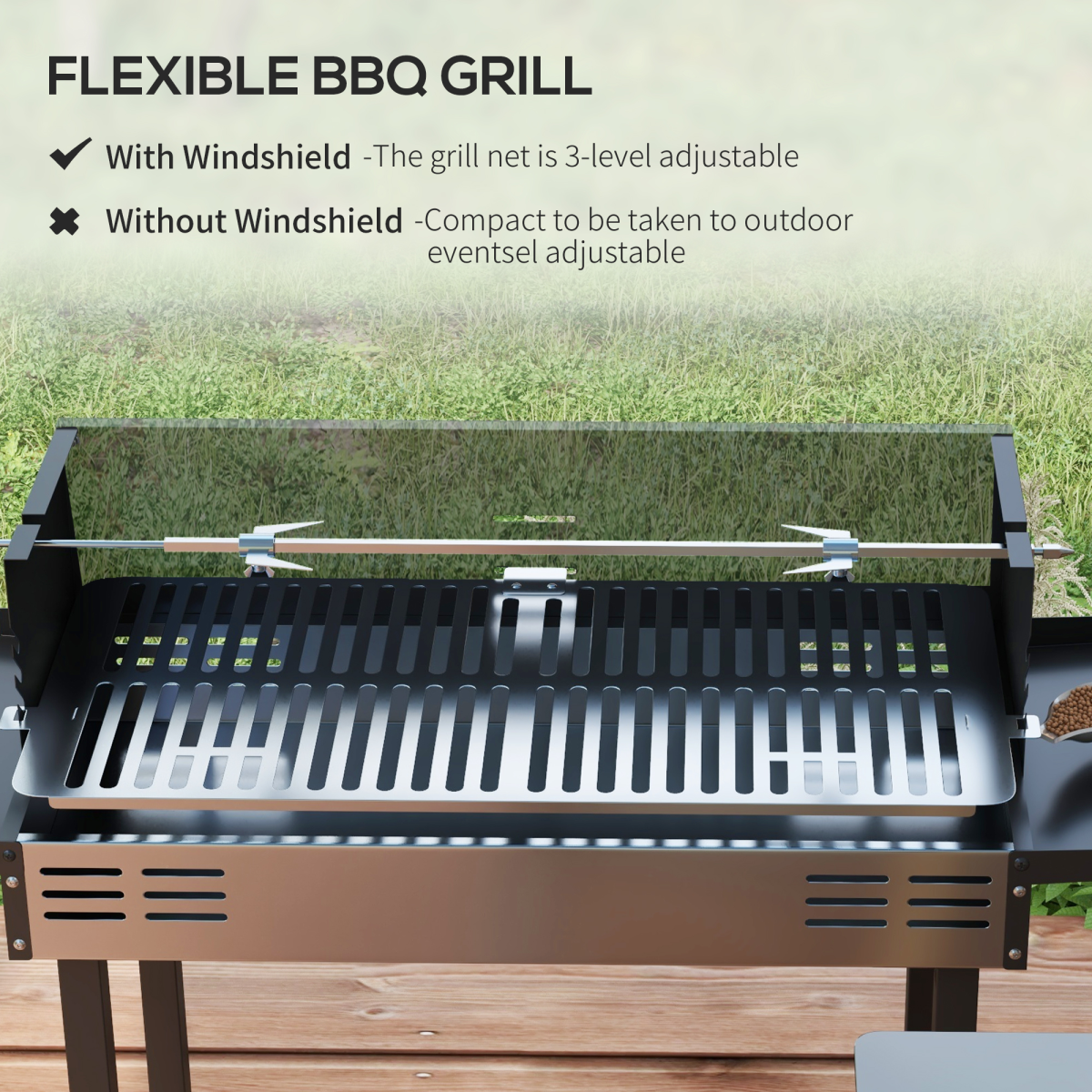 Outsunny Charcoal Rotisserie Spit Roaster with 3-Tier Grill Grate and Foldable Shelves – Stainless Steel BBQ