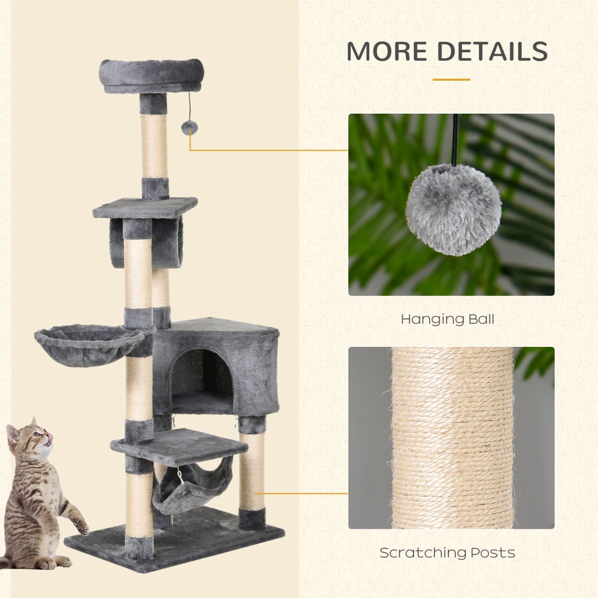 Pawhut 150cm Cat Tree with Condo, Side Bed and Sisal Scratching Posts – Multi-Platform Kitten Activity Tower