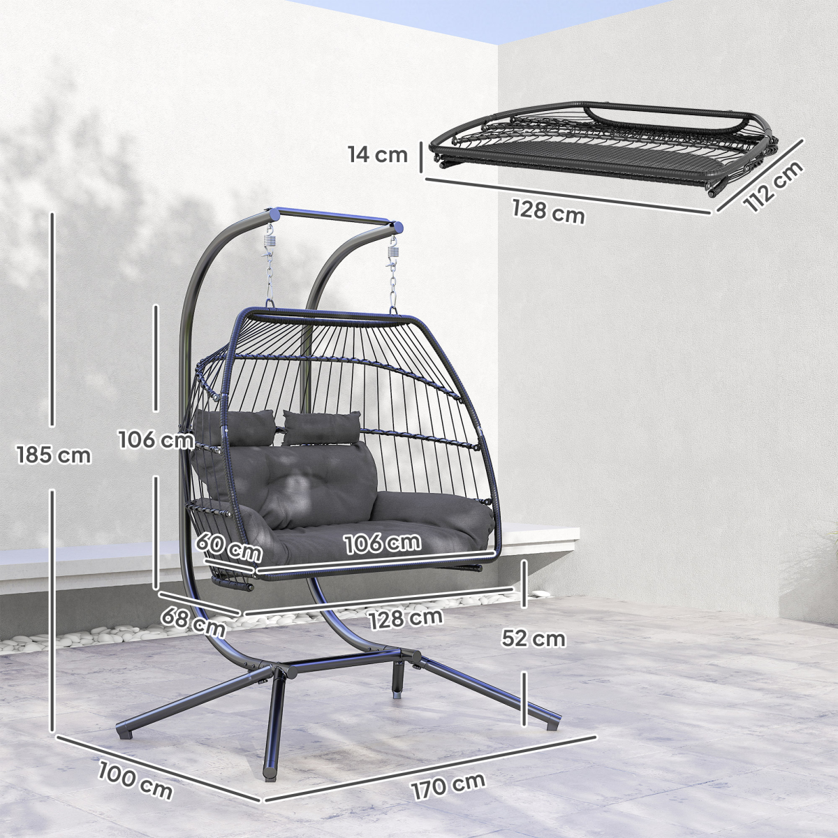 Outsunny Rattan Double Hanging Egg Chair with Stand and Cushion – Foldable Garden Swing Seat, Dark Grey
