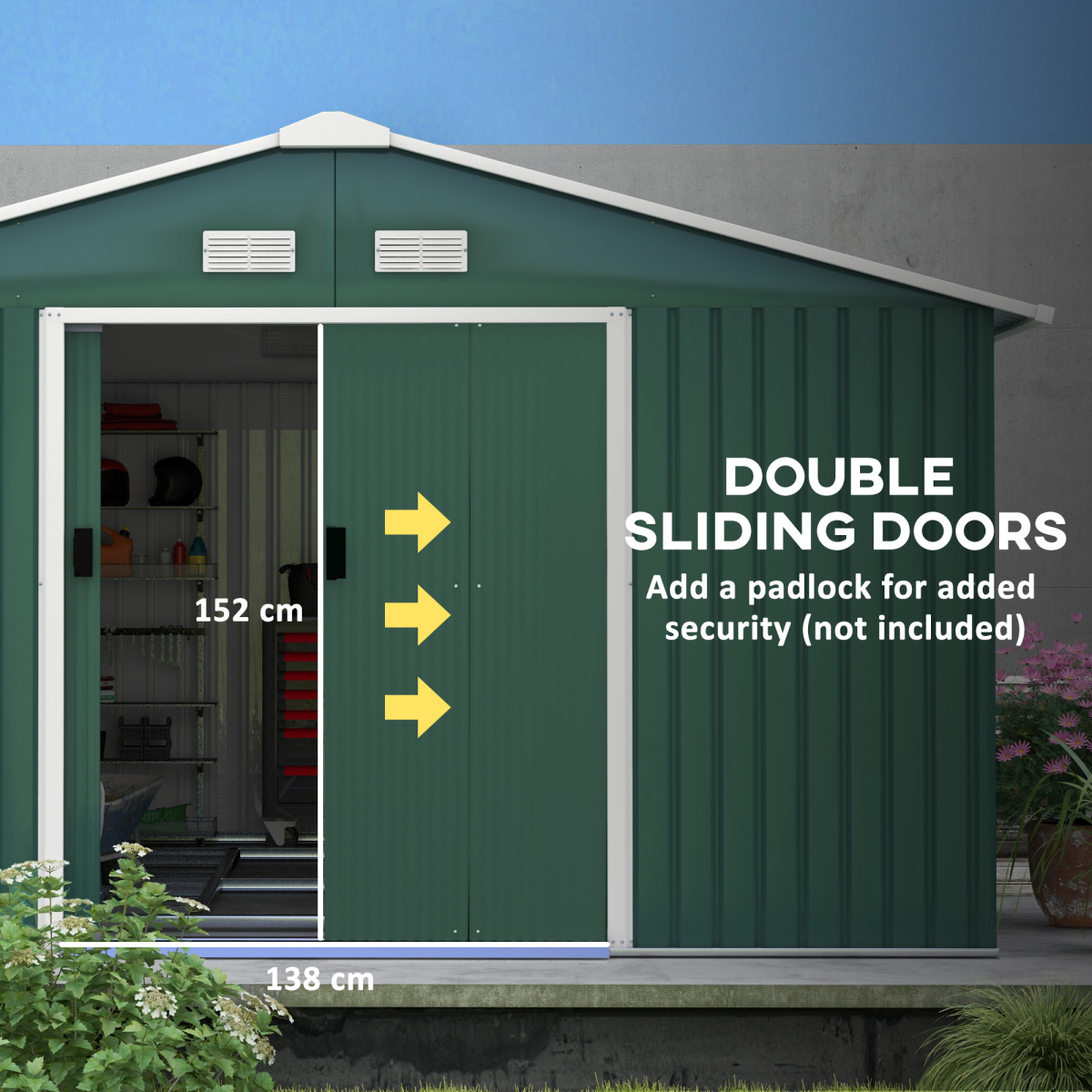 Outsunny 13ft x 11ft Galvanised Metal Garden Shed with Sliding Doors, Foundation & Ventilation – Outdoor Storage, Green