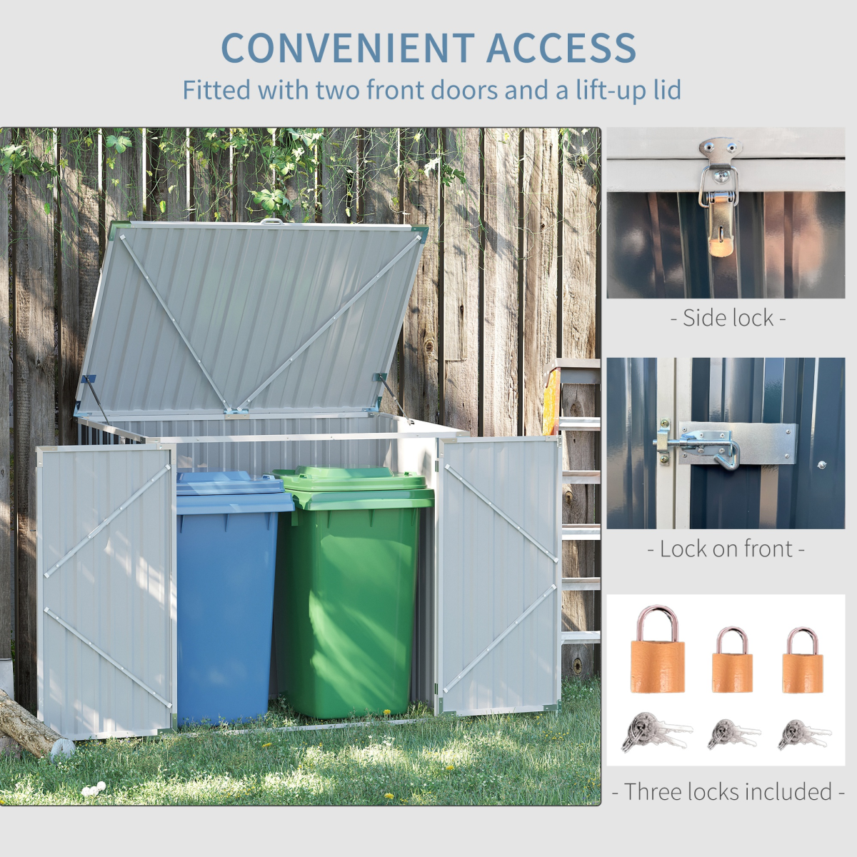 Outsunny 2-Bin Steel Rubbish Storage Shed with Double Locking Doors & Lift-Up Lid – Outdoor Wheelie Bin Store
