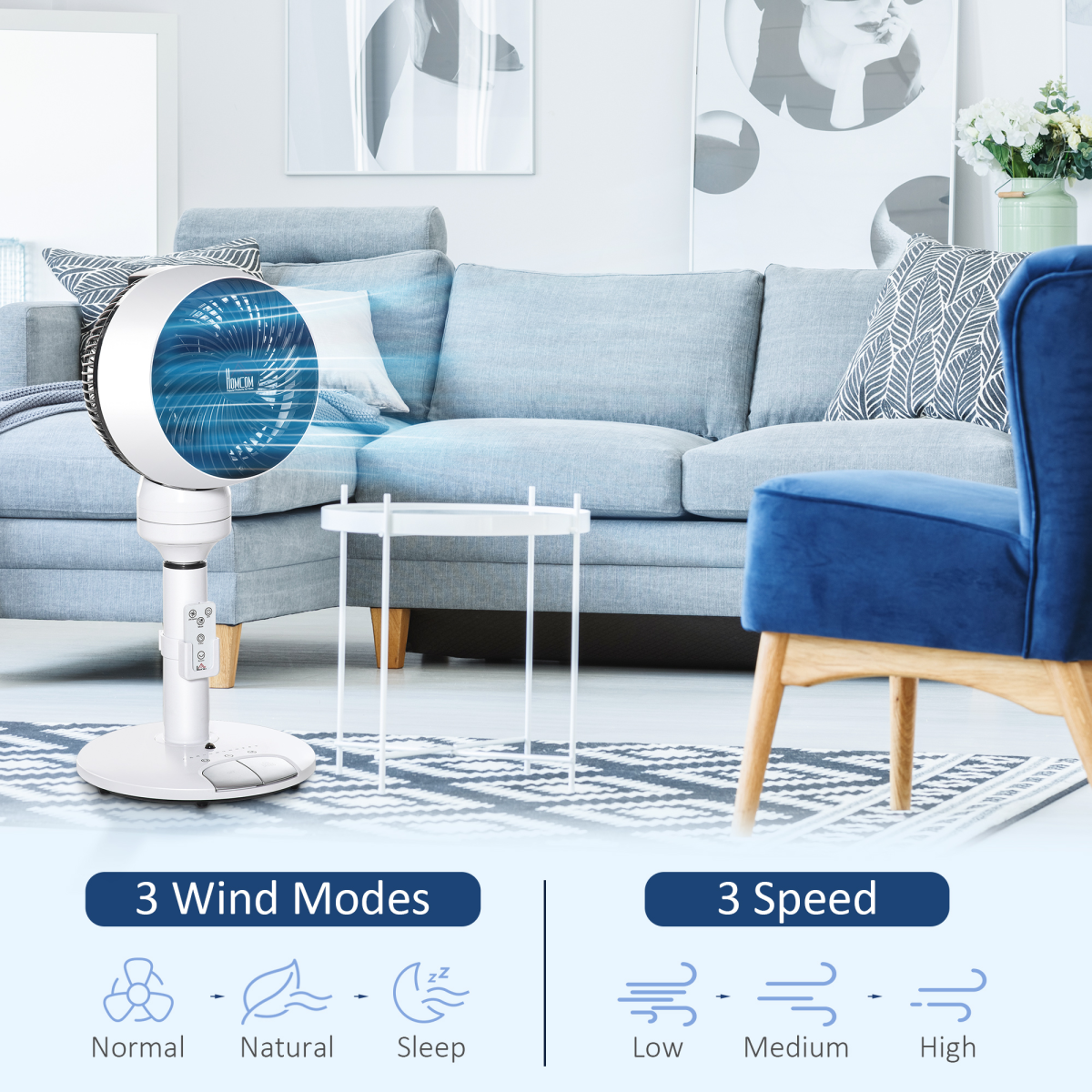 HOMCOM Air Circulator Fan with 3 Speeds, 3 Modes, Oscillation & Tilt – Height Adjustable, Black/White
