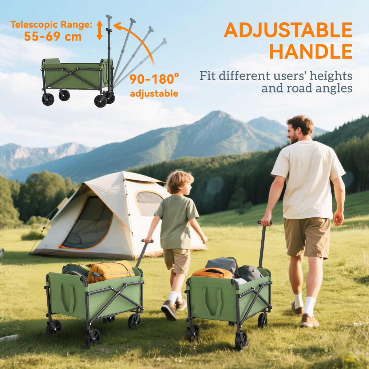Folding Hand Truck with 41L Cargo Bag, 60kg Capacity & Telescoping Handle – Garden Cart Trolley, Green