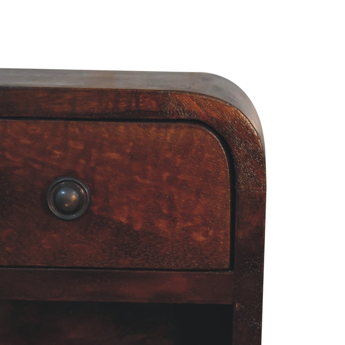 Artisan Furniture Extra Mini Curved Bedside Table with Drawer & Open Slot – Solid Mango Wood, Chestnut, Brown