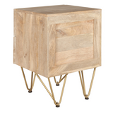 Light Gold Metal Inlay 2-Drawer Side Table in Solid Wood – Retro Angled Legs, Lamp & Bedside Table