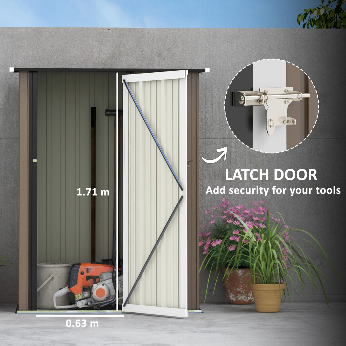 Outsunny Steel Garden Shed with Lockable Hinged Door and Sloped Roof – Outdoor Tool Storage, Brown