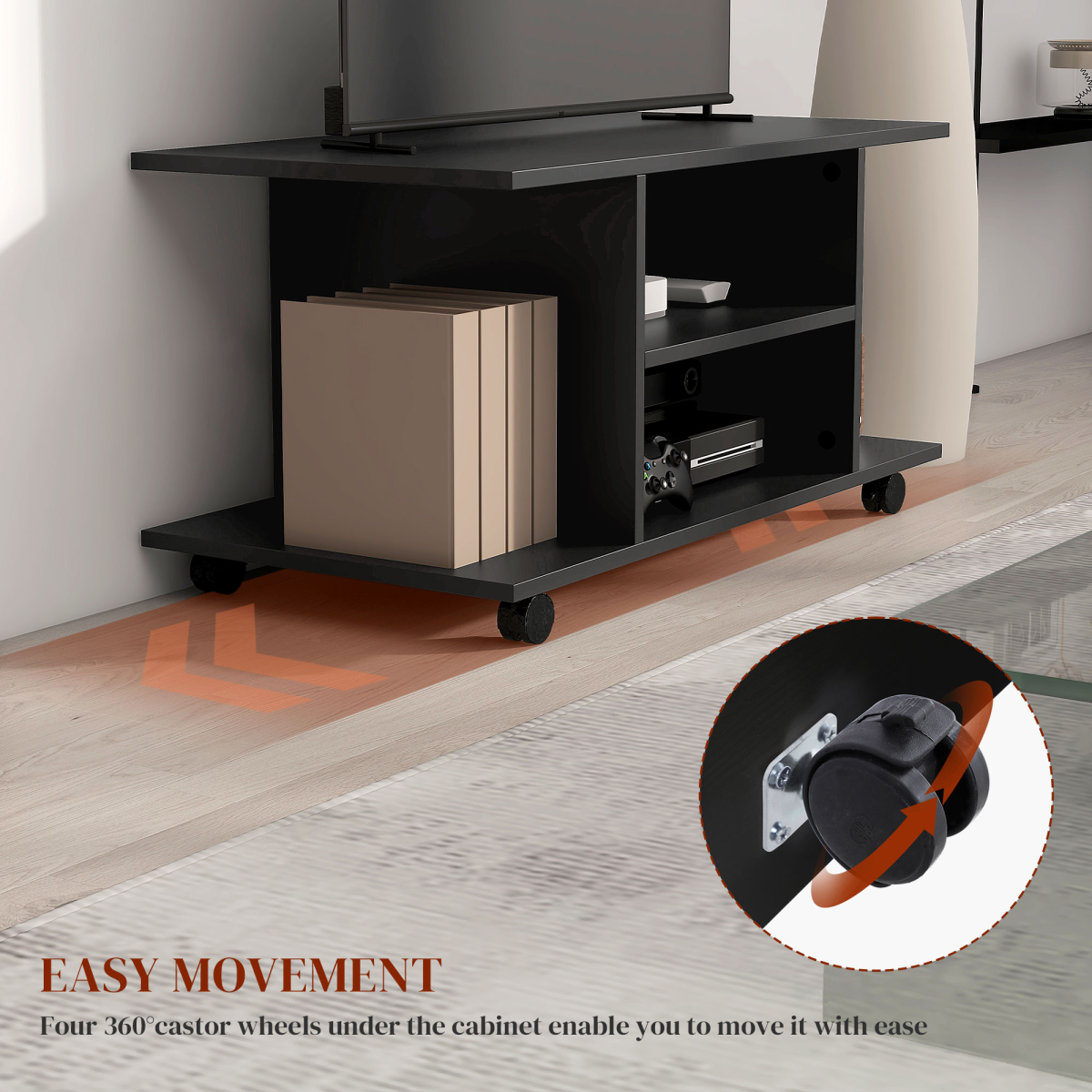 HOMCOM Mobile TV Stand Bookshelf with 3 Tiers and Lockable Castor Wheels – Modern Storage Cabinet, Black