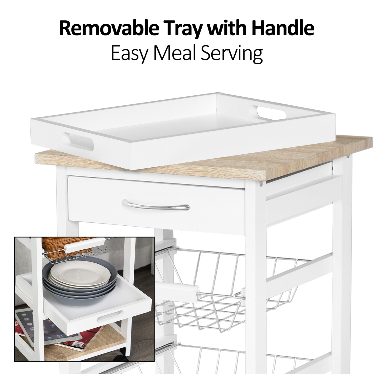 HOMCOM 5-Tier Kitchen Storage Trolley with Drawer, Wire Baskets & Pull-Out Tray – White