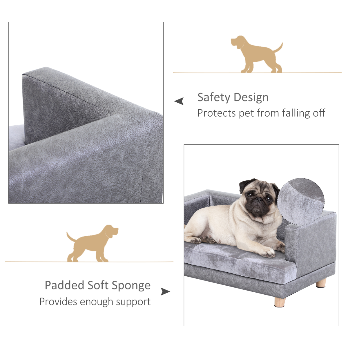 PawHut Pet Sofa Bed for Small Dogs & Cats – Soft Padded Grey Couch with Wooden Frame