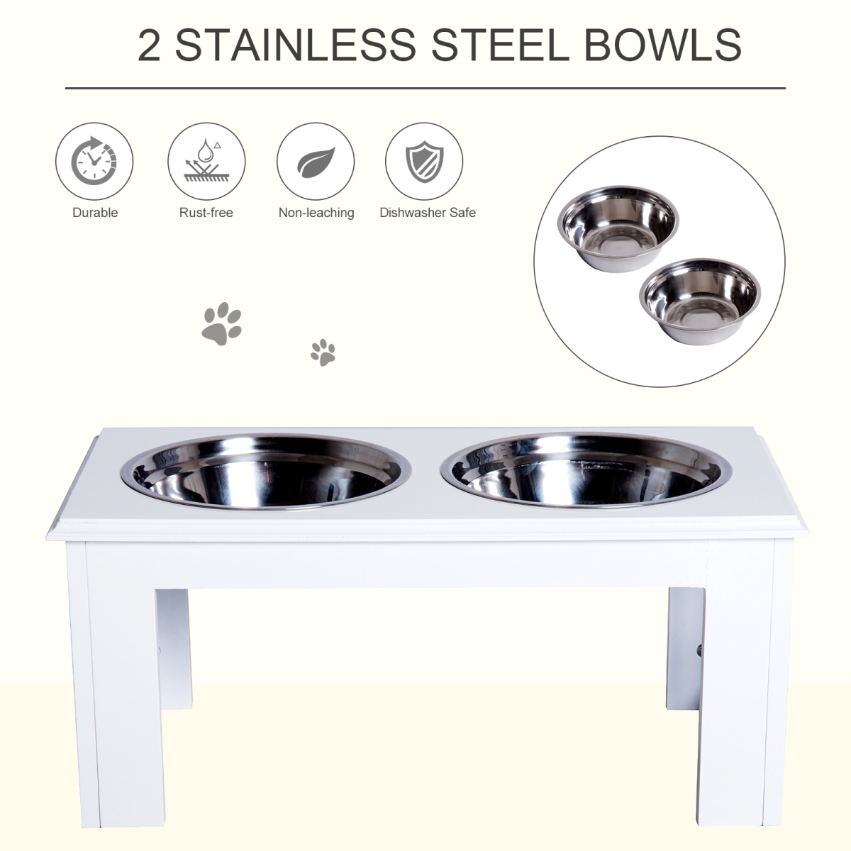 Pawhut Raised Pet Feeder with Double Stainless Steel Bowls – Elevated Food & Water Stand, White