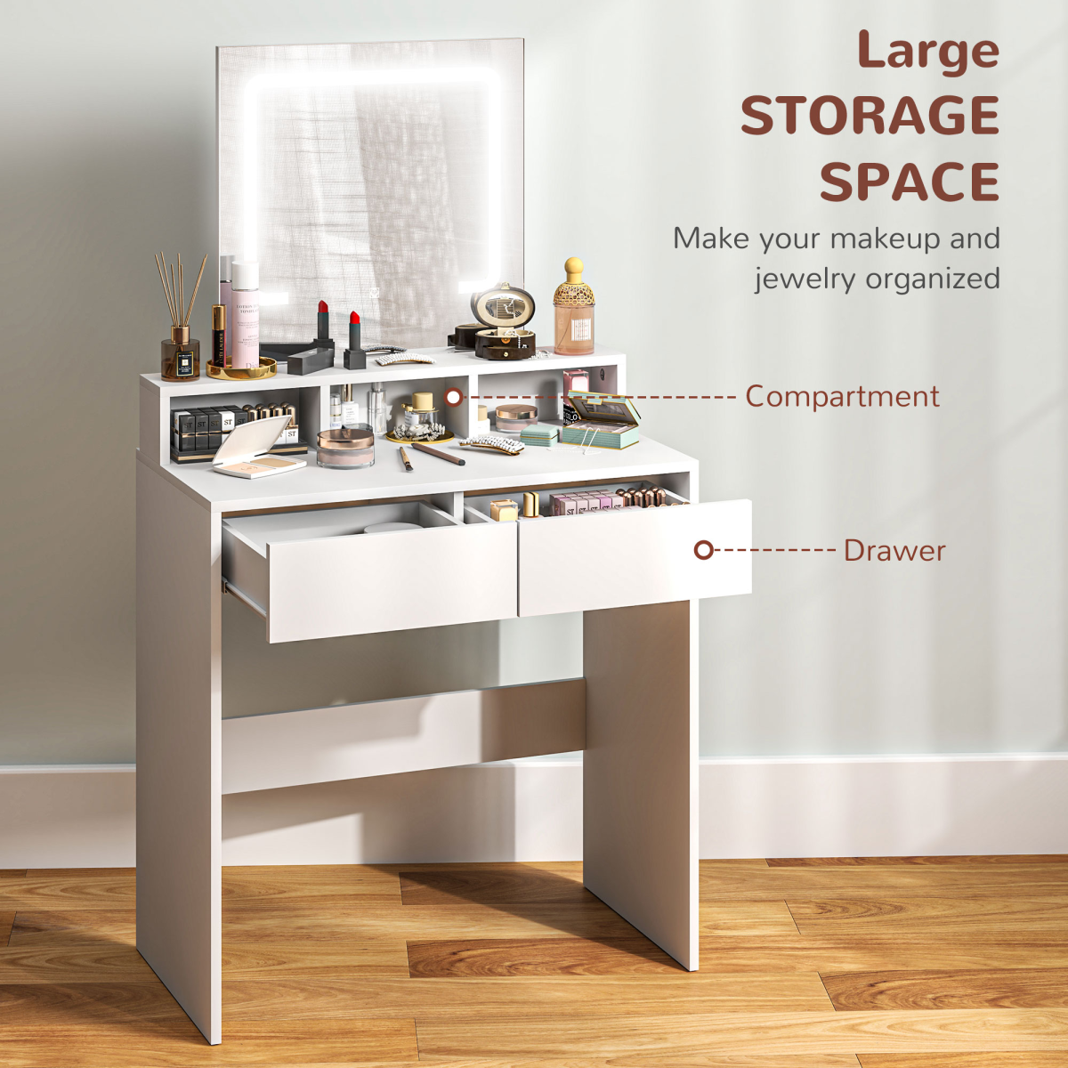 HOMCOM Dressing Table with LED Mirror, 2 Drawers & 3 Open Compartments – Makeup Vanity, White