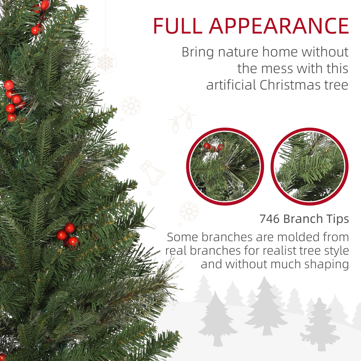 HOMCOM 7ft Unlit Artificial Pencil Christmas Tree with Faux Red Berries, Flame Retardant PVC & Metal Base