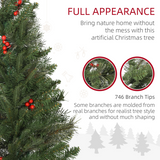 HOMCOM 7ft Unlit Artificial Pencil Christmas Tree with Faux Red Berries, Flame Retardant PVC & Metal Base