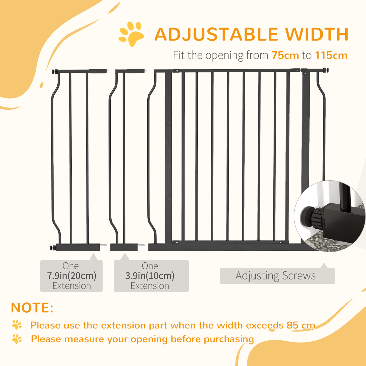 PawHut Wide Dog Gate with Door, Pressure Fit Stair Gate, 75–115 cm Adjustable – Pet Barrier, Black
