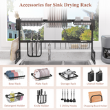 HOMCOM Over The Sink Dish Drainer Rack with Utensil Holders, Knife Holder & Hooks – 2-Tier Steel Rack, Black