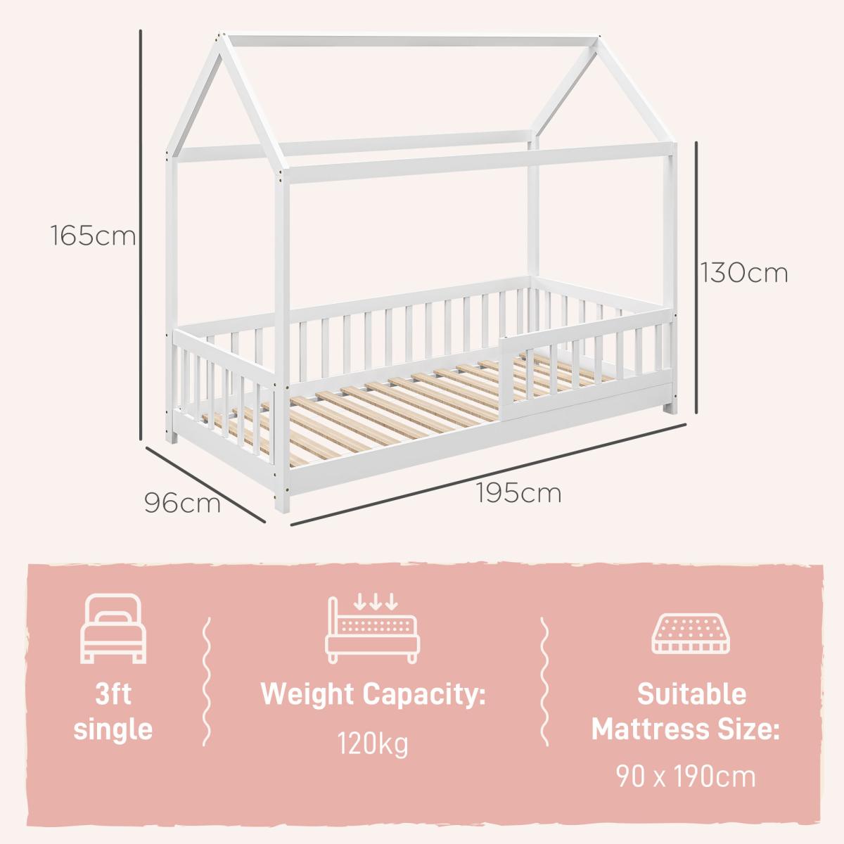 HOMCOM House-Shaped Kids Single Bed Frame with Safety Fence – Solid Pine, White