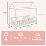 HOMCOM House-Shaped Kids Single Bed Frame with Safety Fence – Solid Pine, White