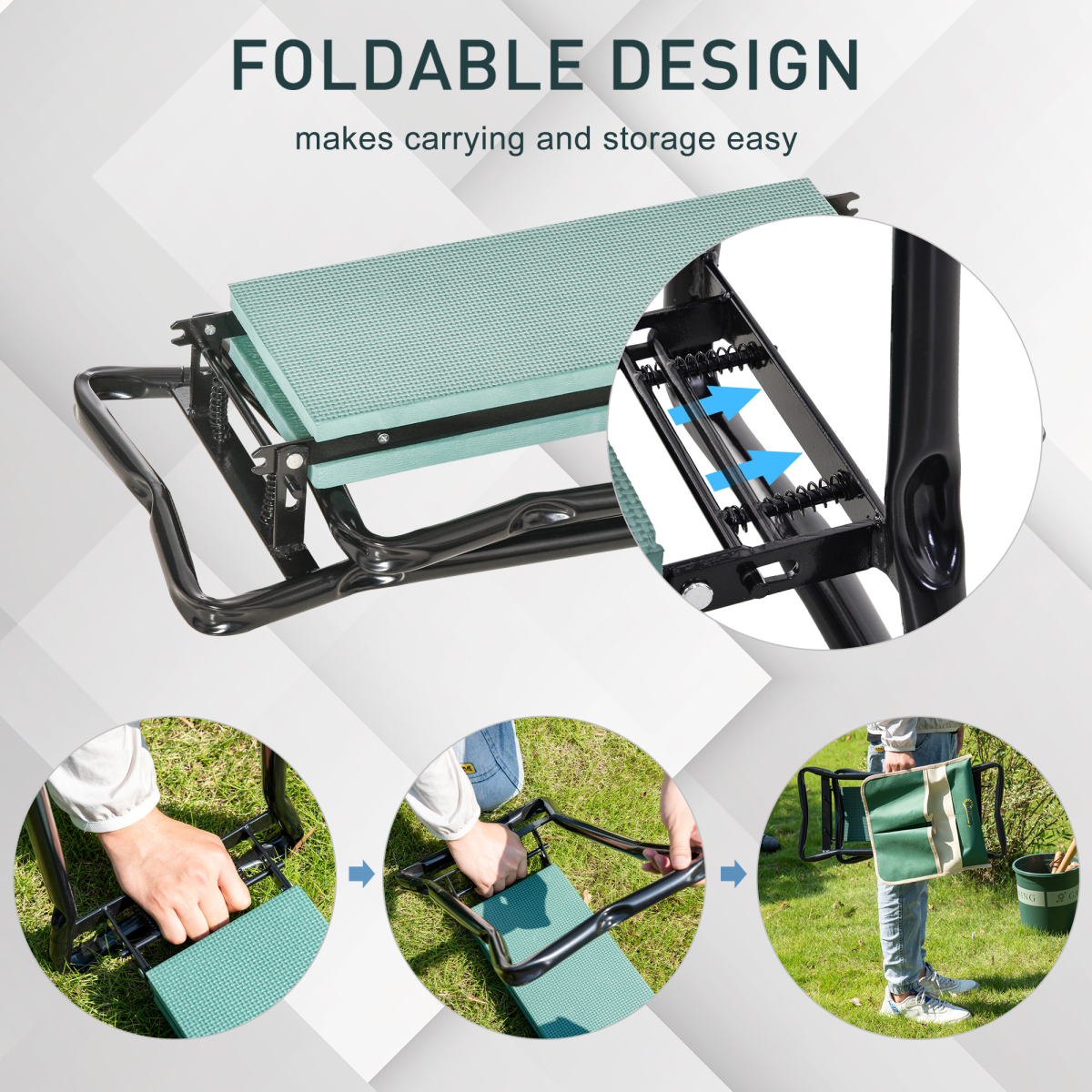 Outsunny Steel Frame Garden Kneeler and Seat with Tool Pouch & Foam Pad – Foldable, Green