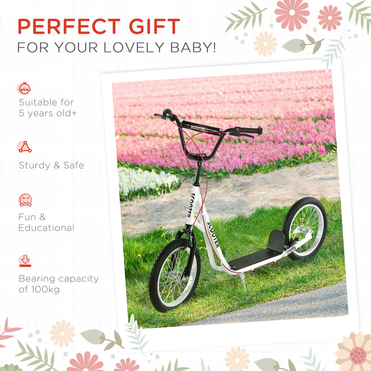 HOMCOM Kids Kick Scooter with Adjustable Handlebar, Dual Brakes & Inflatable Rubber Tyres – Ages 5+
